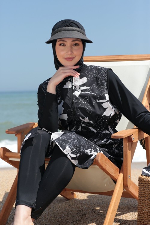 TESETTÜR MAYOSU - FLORAL - SİYAH BEYAZ
